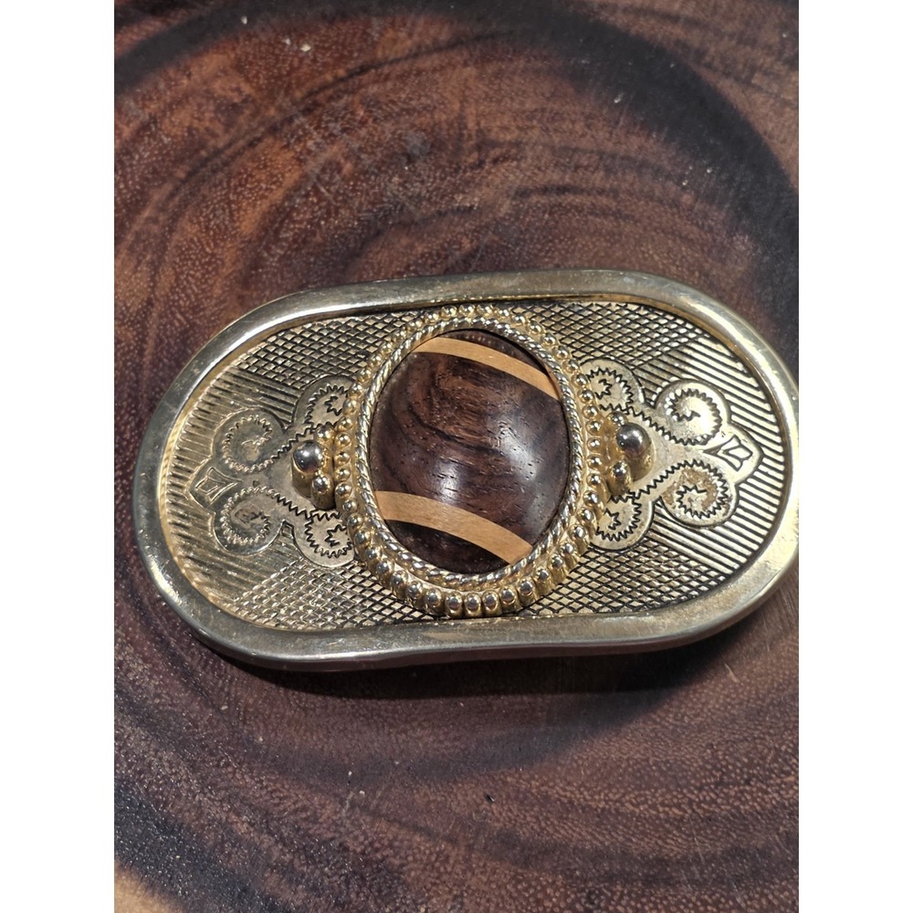 Gold Tone Belt Buckle w Horizontal Oval Wood Ornament Western Style - Picture 6 of 9